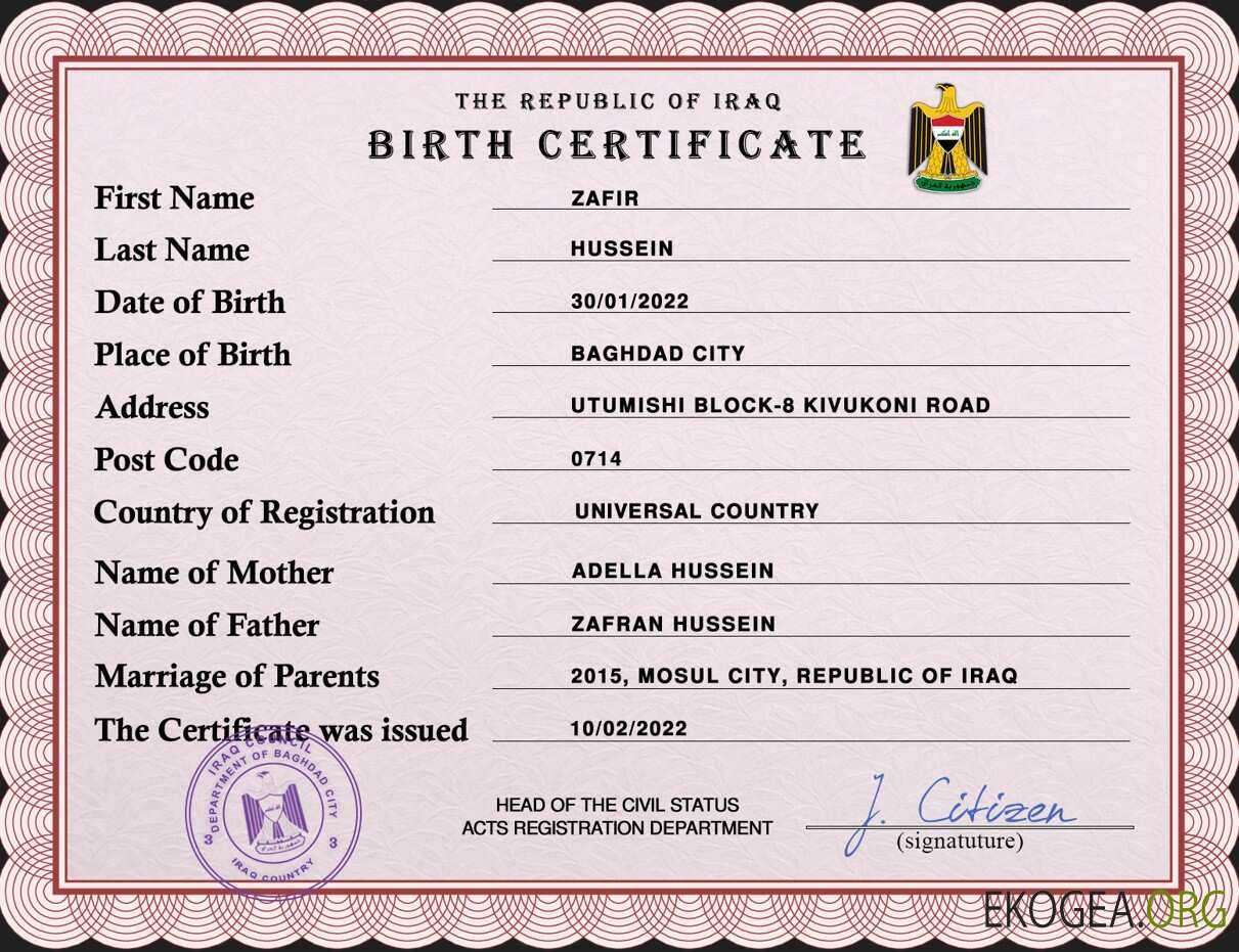 Modèle PSD de certificat de naissance d'acte d'état civil en Irak
